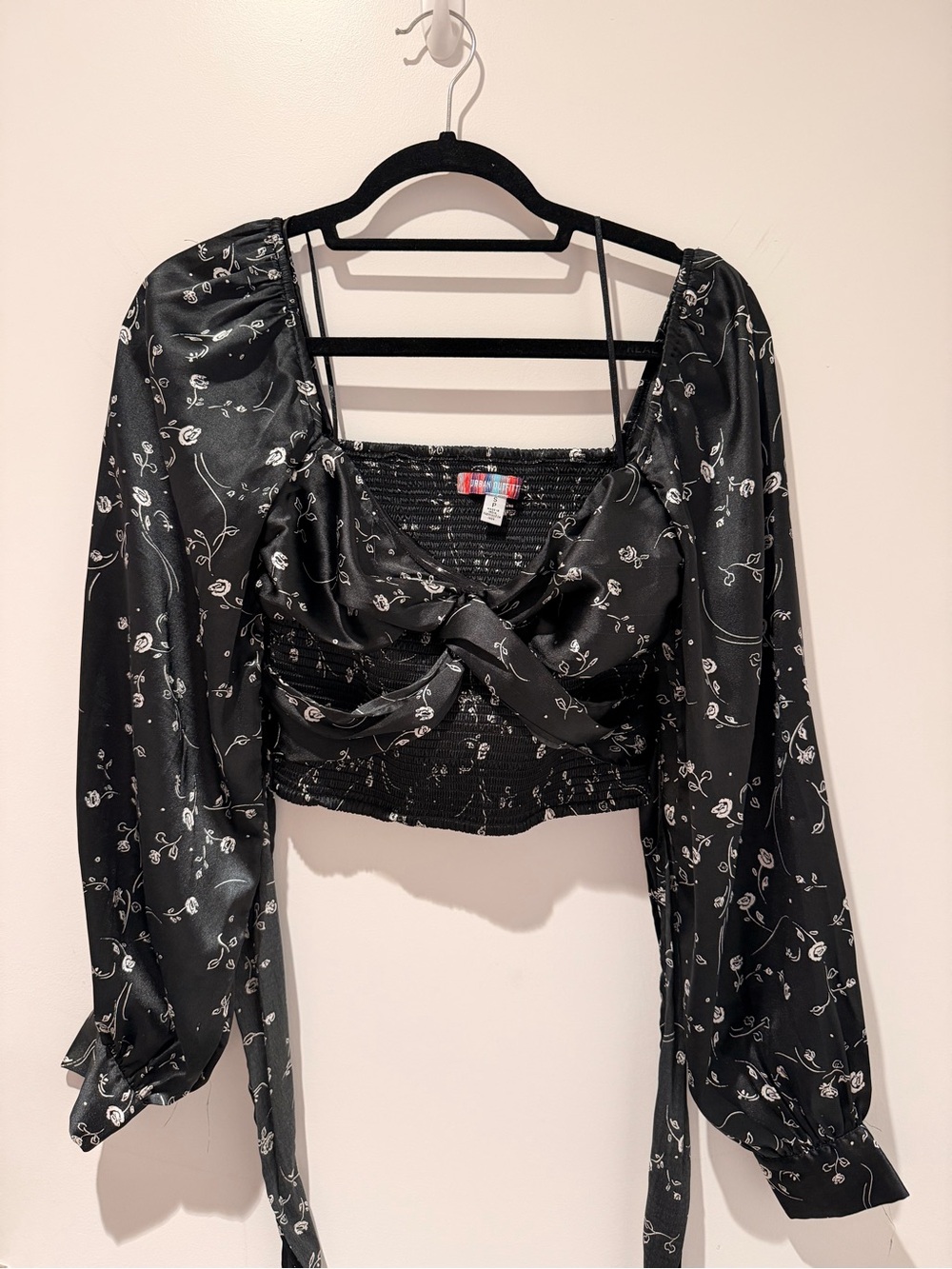 Urban Outfitters Black Floral Satin Tie-Front Puff Sleeve Crop Top